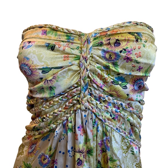 Sky Dresses & Skirts - Sky Silk Yellow Floral Braided Bodice Detail Strapless Mini Dress/Tunic Sz S